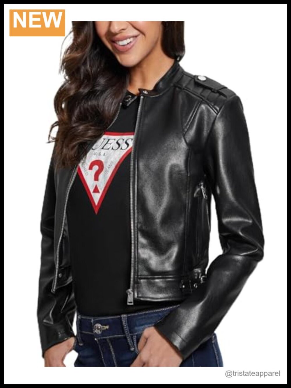 Faux Leather Fitted Moto Jacket with Mandarin Collar